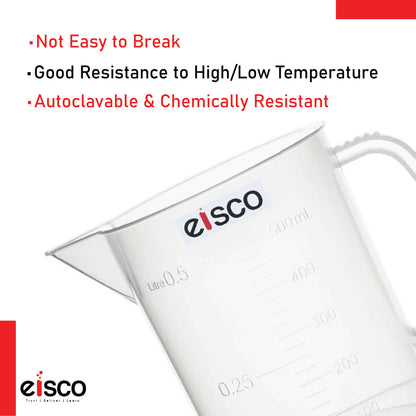Beaker with Handle and Spout (Measuring Jug), 500 ml, Short Form, Made of Polypropylene, Graduated, Autoclavable, Good Chemical Resistance