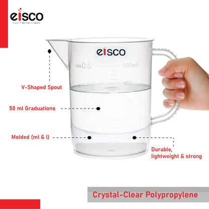 Beaker with Handle and Spout (Measuring Jug), 500 ml, Short Form, Made of Polypropylene, Graduated, Autoclavable, Good Chemical Resistance