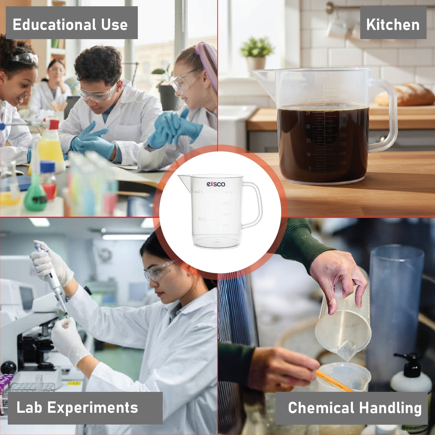 Beaker with Handle and Spout (Measuring Jug), 500 ml, Short Form, Made of Polypropylene, Graduated, Autoclavable, Good Chemical Resistance