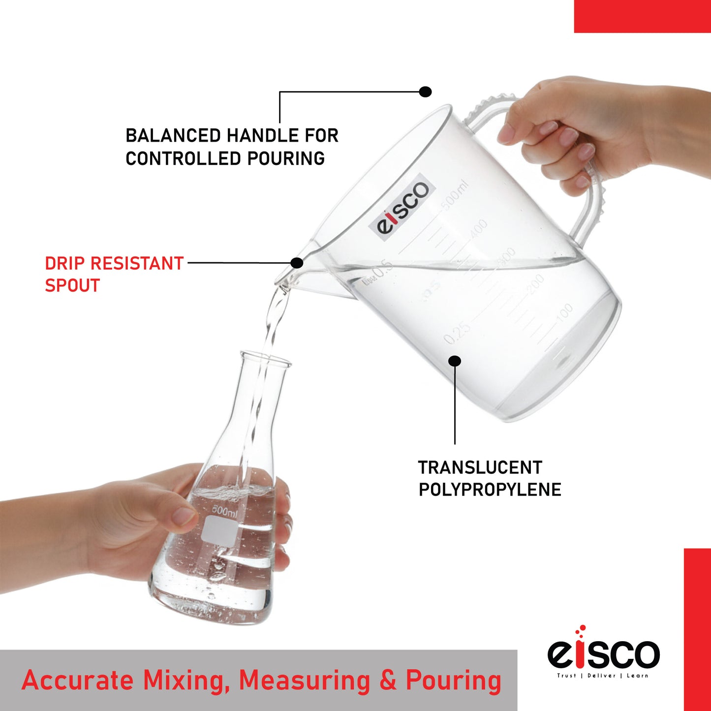 Beaker with Handle and Spout (Measuring Jug), 500 ml, Short Form, Made of Polypropylene, Graduated, Autoclavable, Good Chemical Resistance