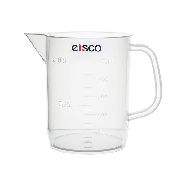 Beaker with Handle and Spout (Measuring Jug), 500 ml, Short Form, Made of Polypropylene, Graduated, Autoclavable, Good Chemical Resistance