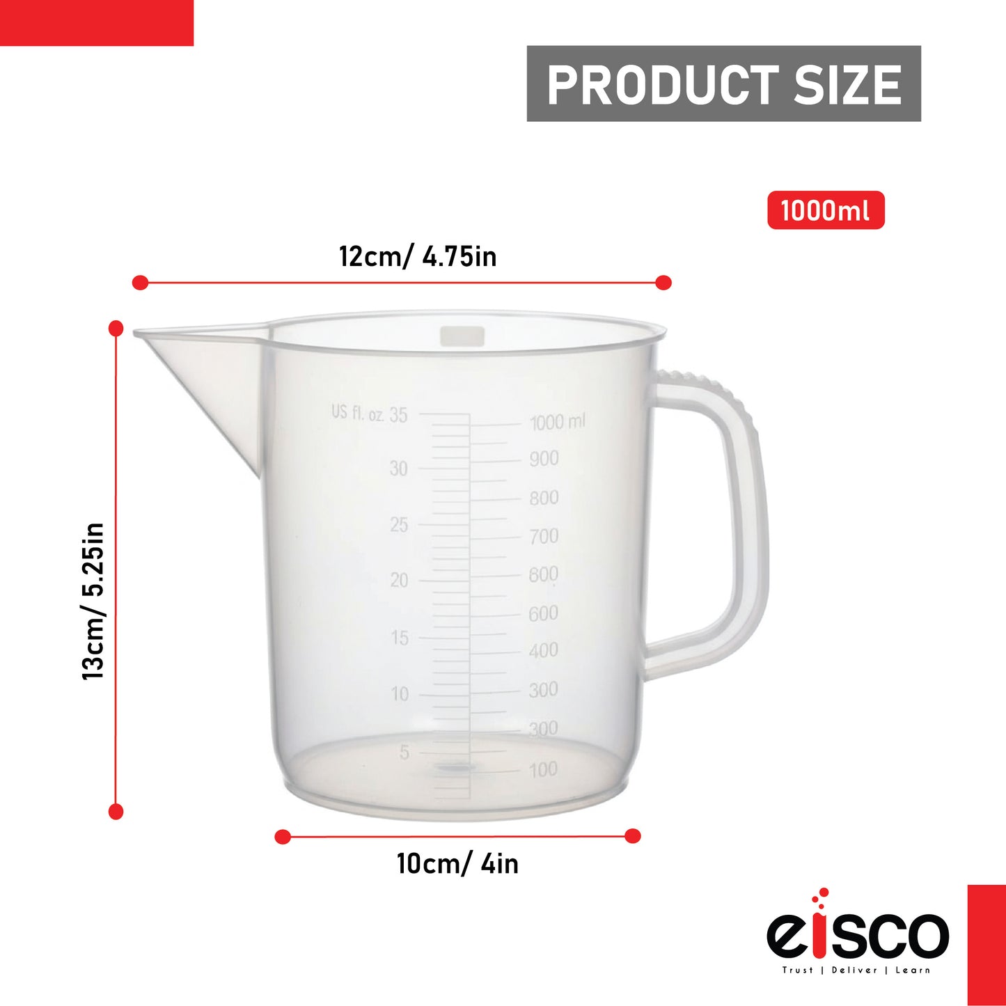 Beaker with Handle and Spout, 1000 ml, Euro Design, Polypropylene, Graduated, Short Form, Autoclavable