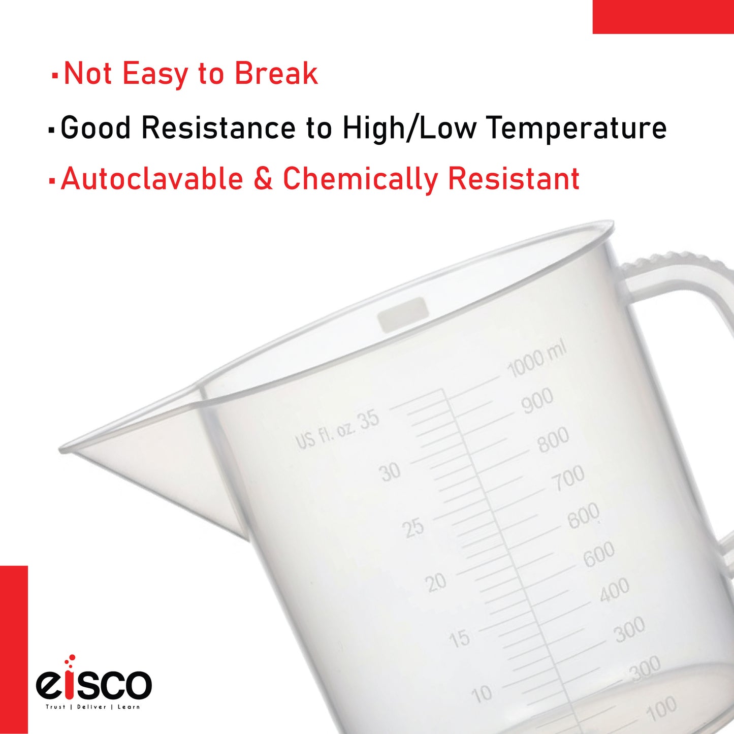 Beaker with Handle and Spout, 1000 ml, Euro Design, Polypropylene, Graduated, Short Form, Autoclavable