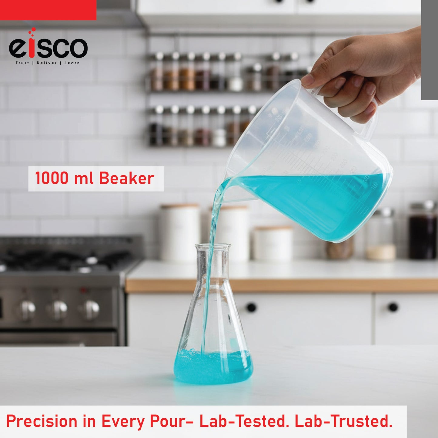 Beaker with Handle and Spout, 1000 ml, Euro Design, Polypropylene, Graduated, Short Form, Autoclavable