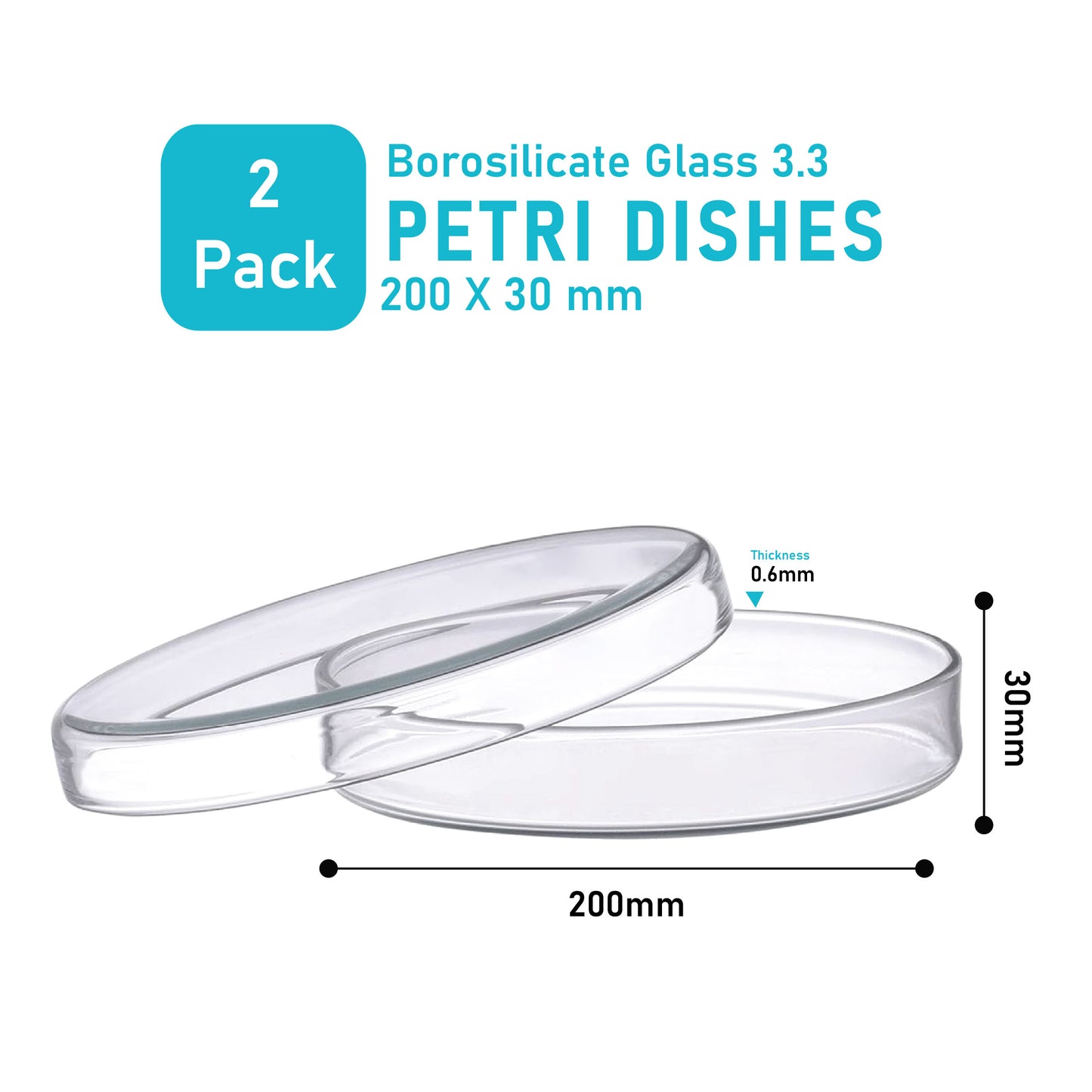 Labglass by EISCO - Premium Petri Dish, Heavy Borosilicate Glass 3.3, Can Withstand Wet or Dry Repeated Sterilisation, Beaded Edges for Strength (200 X 30 mm,Pack of 2)