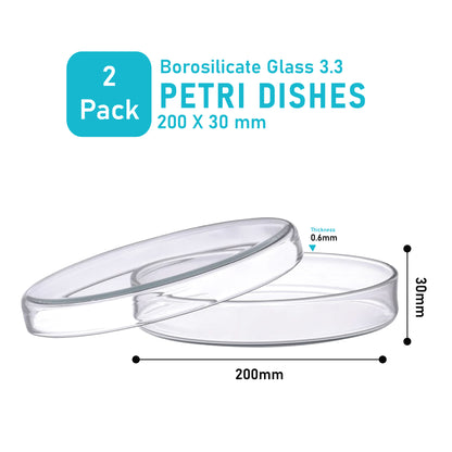 Labglass by EISCO - Premium Petri Dish, Heavy Borosilicate Glass 3.3, Can Withstand Wet or Dry Repeated Sterilisation, Beaded Edges for Strength (200 X 30 mm,Pack of 2)