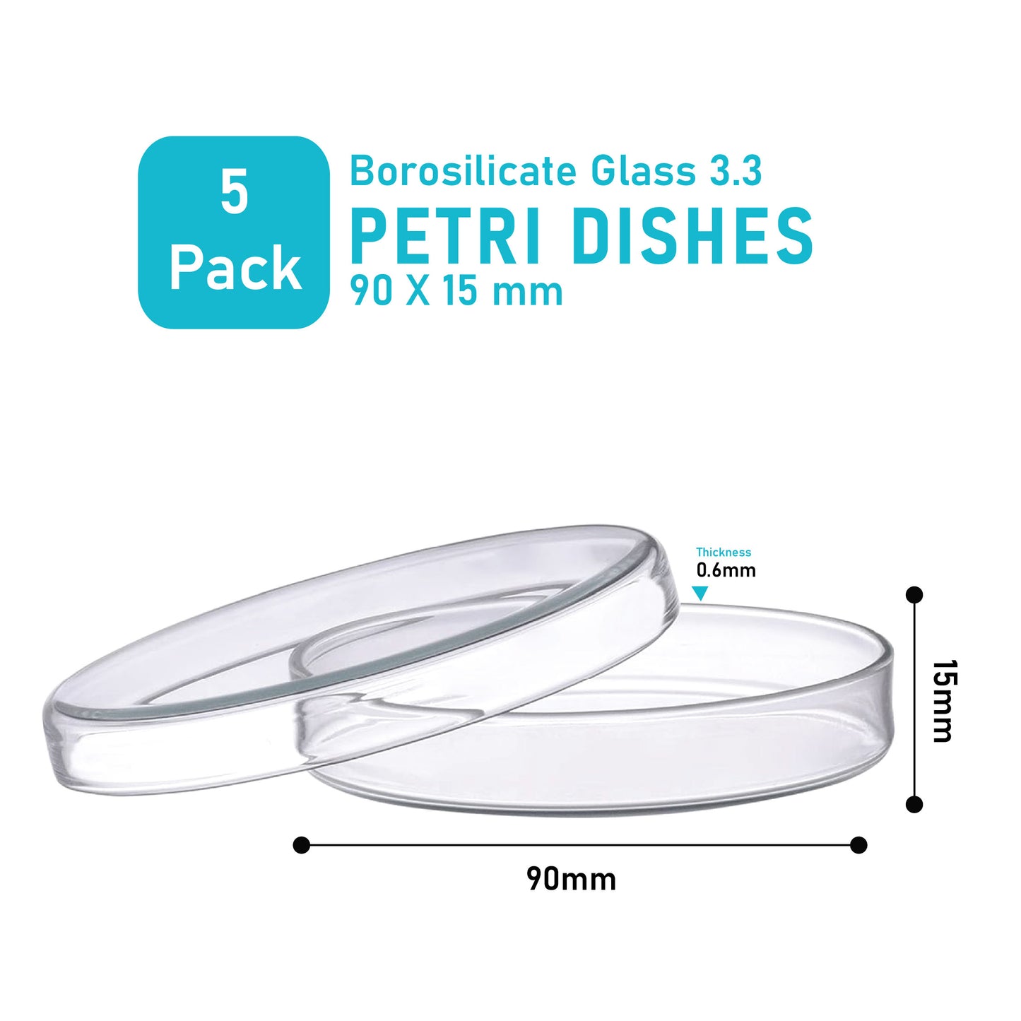 Labglass by EISCO - Premium Petri Dish, Heavy Borosilicate Glass 3.3, Can Withstand Wet or Dry Repeated Sterilisation, Beaded Edges for Strength (90 X 15 mm, Pack of 5)