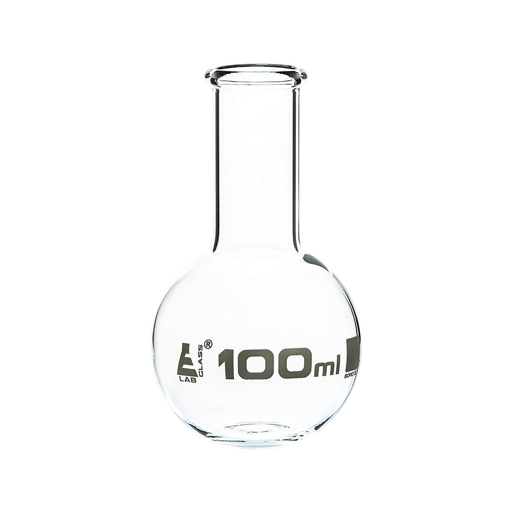 Flat Bottom Boiling Flask, 100 ml, Narrow Neck with Beaded Rim, Borosilicate Glass, Pack of 12