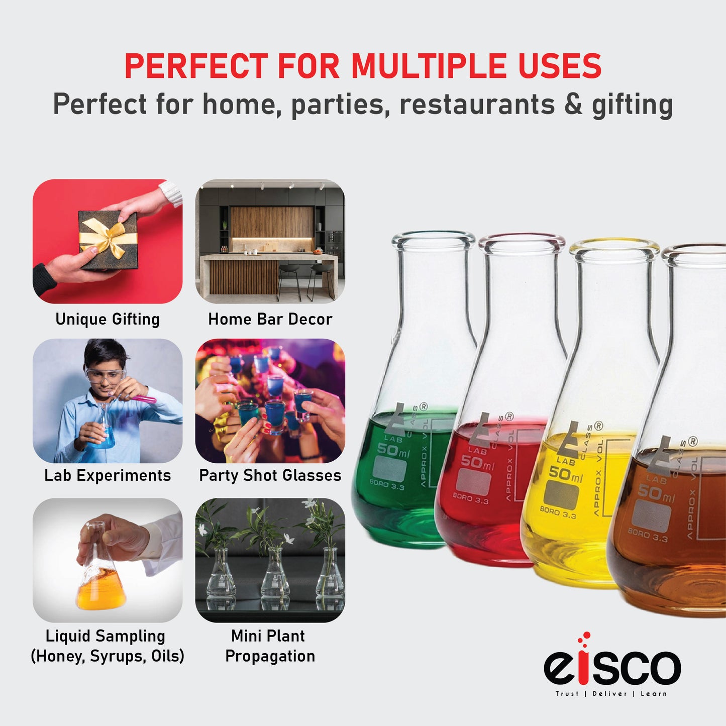 Shot Flasks (Glasses), 50 ml, Borosilicate Glass 3.3, High Clarity, A New Trend in Shot Glasses, Export Quality, Erlenmeyer Flasks
