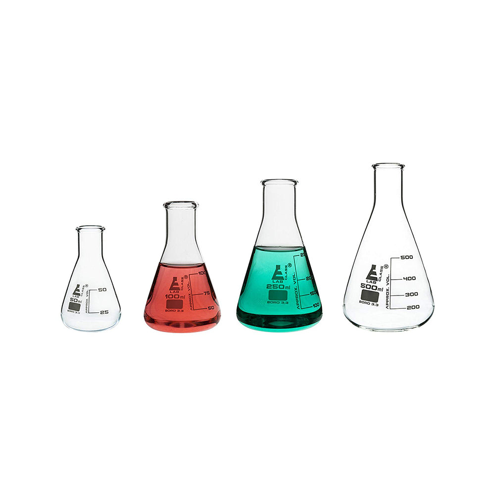 Conical Flask, Erlenmeyer, Narrow Neck, 50 ml, 100 ml, 250 ml & 500 ml Borosilicate Glass, Graduated, Pack of 4