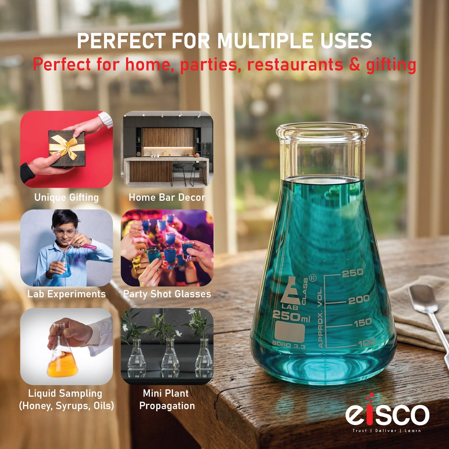 250 ml Conical Flask, Erlenmeyer, Wide Neck, 3.3 Borosilicate Glass, Pack of 12