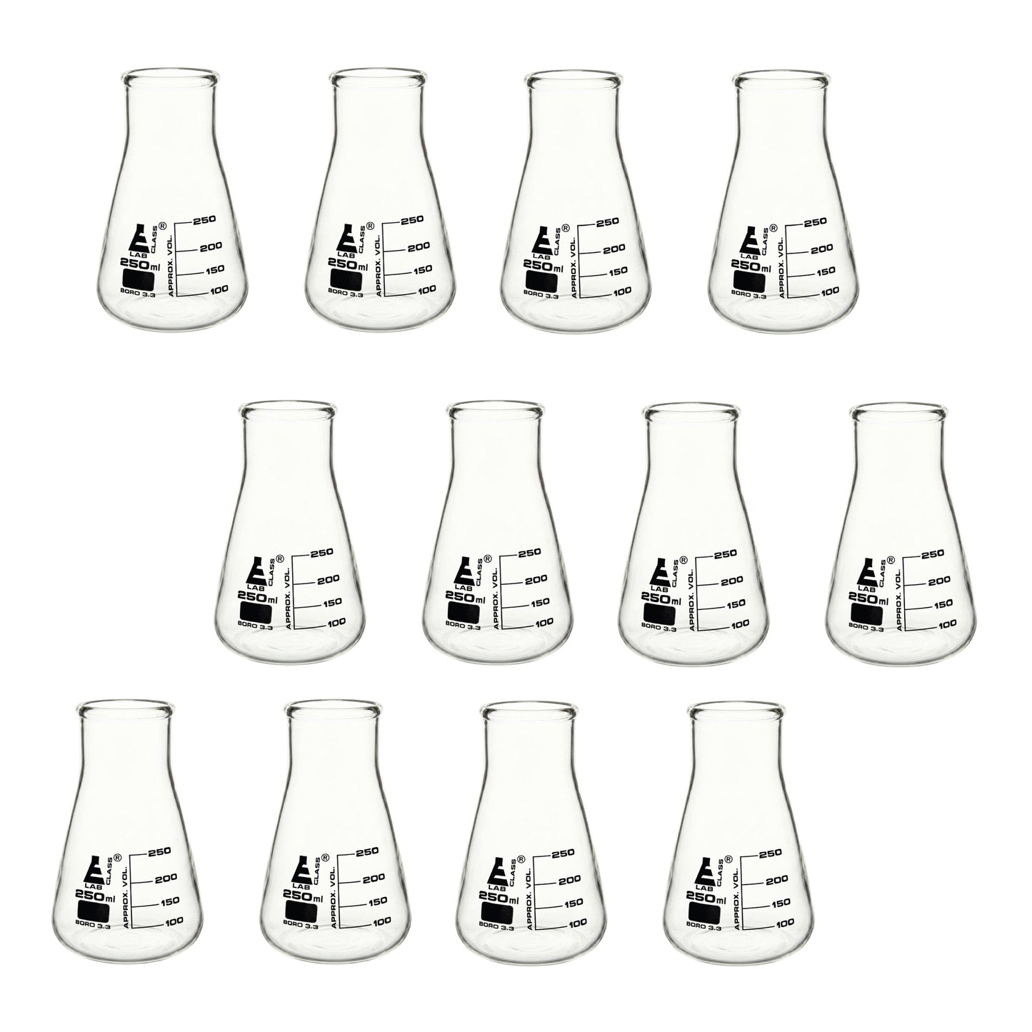 250 ml Conical Flask, Erlenmeyer, Wide Neck, 3.3 Borosilicate Glass, Pack of 12