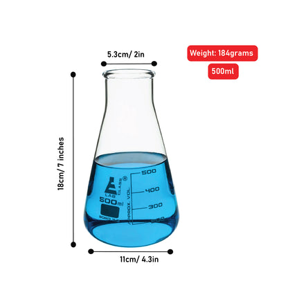 500 ml Conical Flask, Erlenmeyer, Wide Neck, 3.3 Borosilicate Glass, Pack of 6