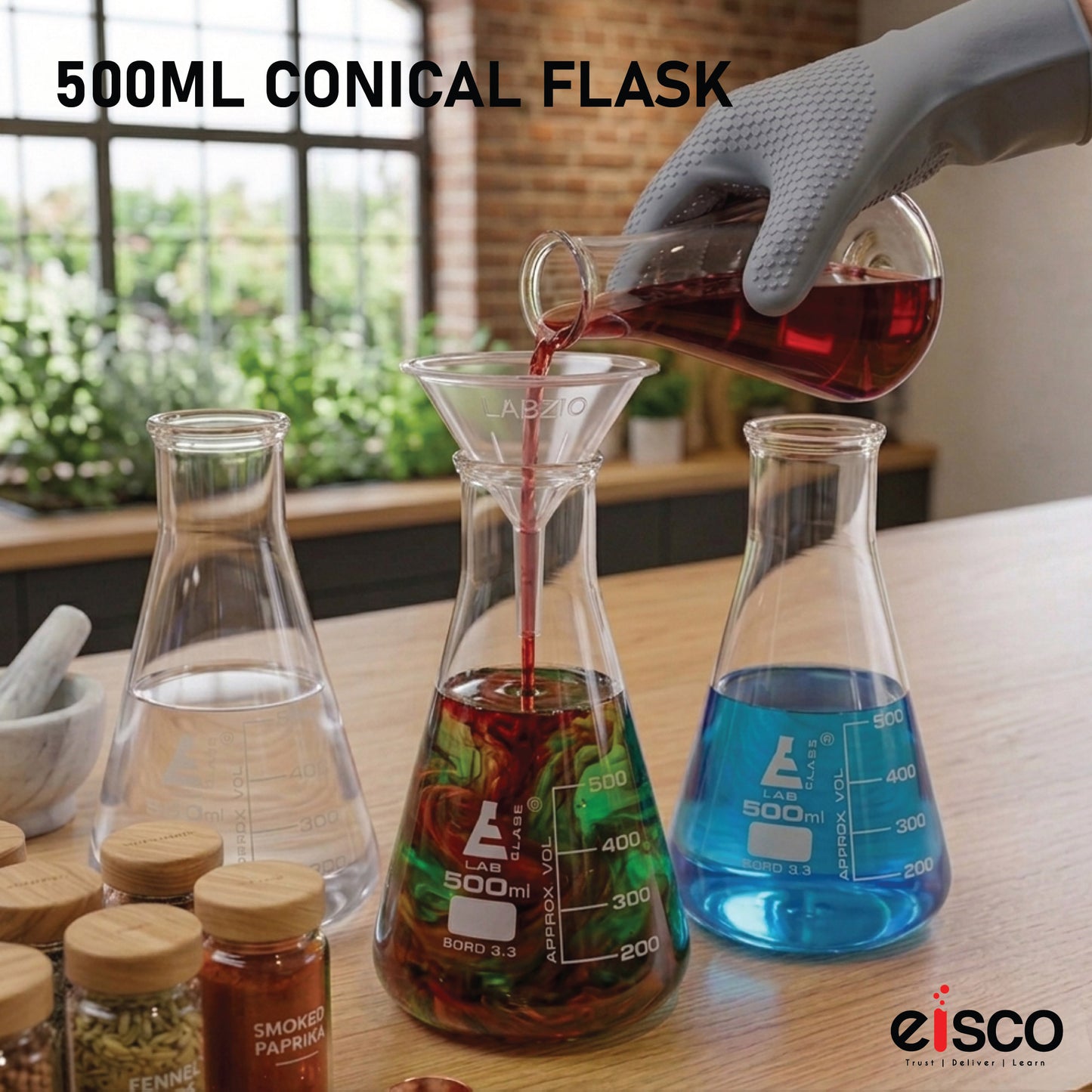 500 ml Conical Flask, Erlenmeyer, Wide Neck, 3.3 Borosilicate Glass, Pack of 6