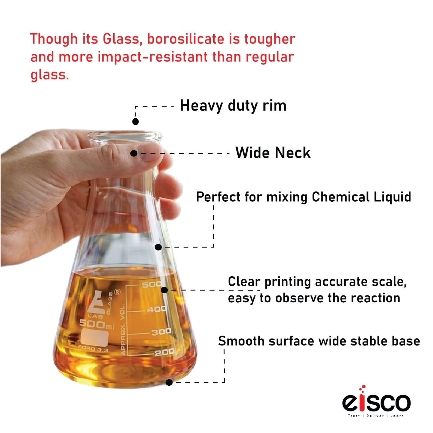 500 ml Conical Flask, Erlenmeyer, Wide Neck, 3.3 Borosilicate Glass, Pack of 6