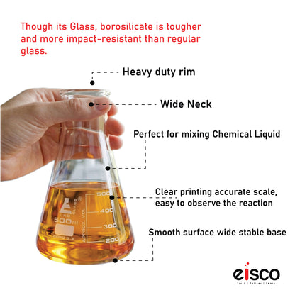 500 ml Conical Flask, Erlenmeyer, Wide Neck, 3.3 Borosilicate Glass, Pack of 6