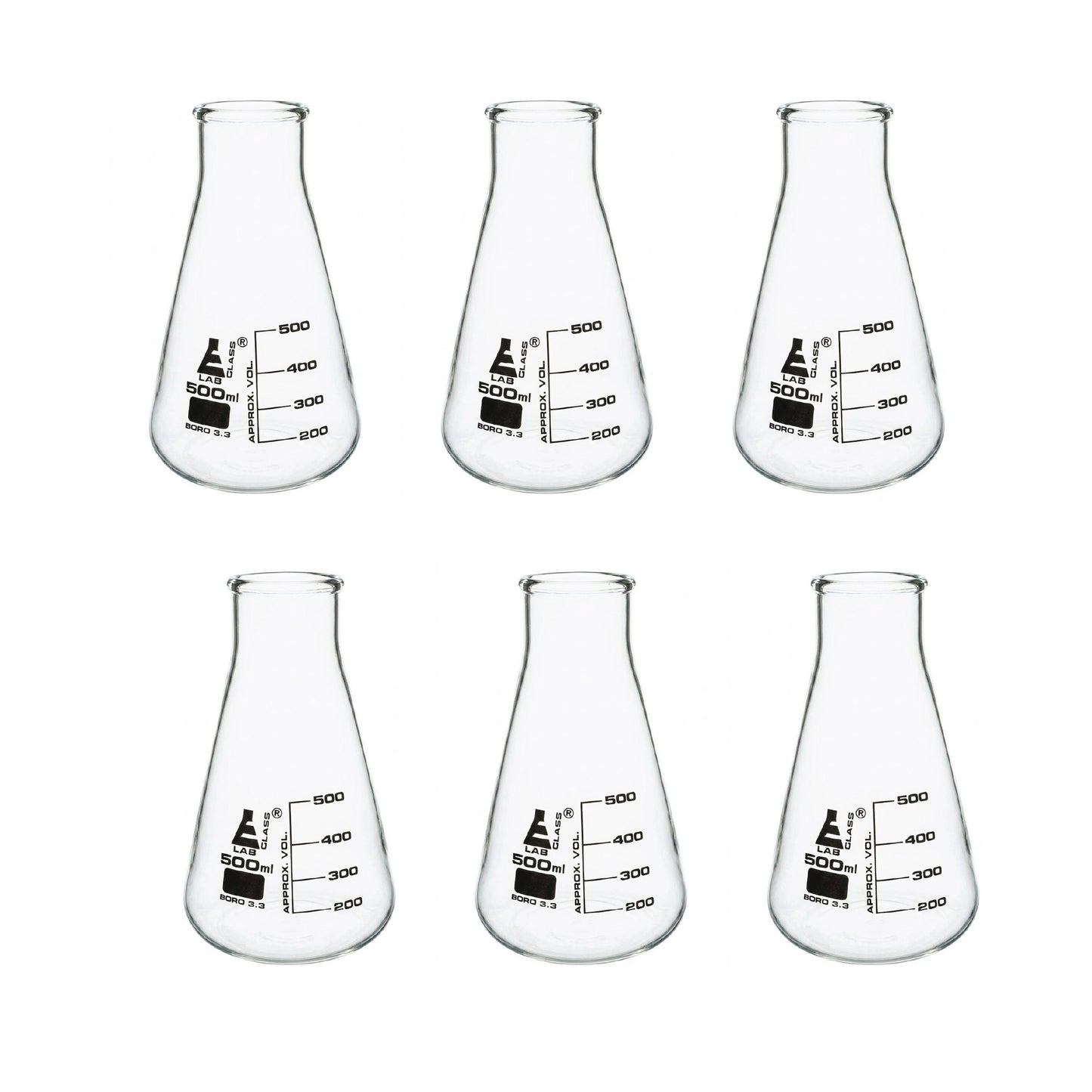 500 ml Conical Flask, Erlenmeyer, Wide Neck, 3.3 Borosilicate Glass, Pack of 6