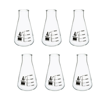 500 ml Conical Flask, Erlenmeyer, Wide Neck, 3.3 Borosilicate Glass, Pack of 6