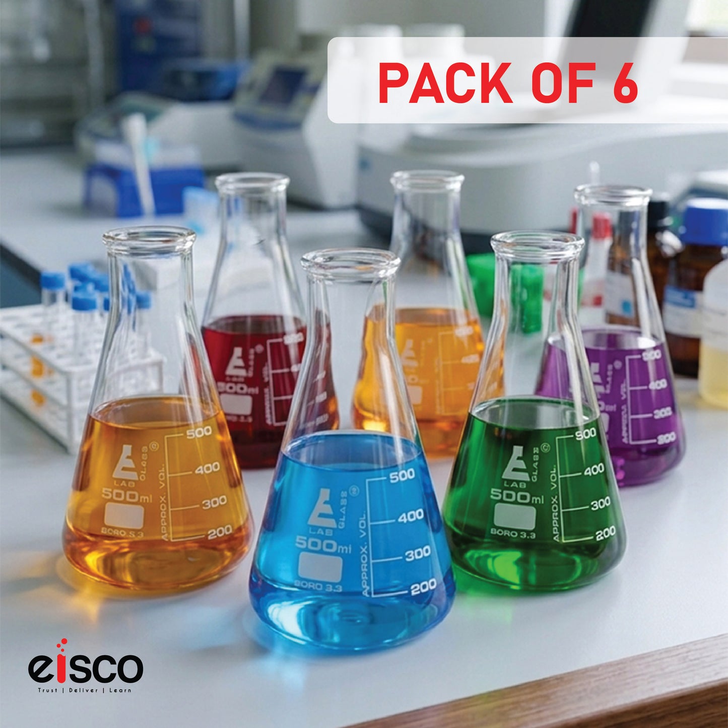 500 ml Conical Flask, Erlenmeyer, Wide Neck, 3.3 Borosilicate Glass, Pack of 6