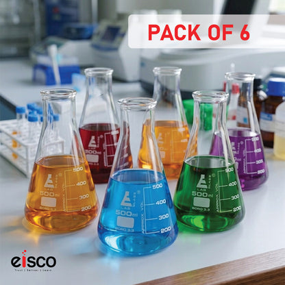 500 ml Conical Flask, Erlenmeyer, Wide Neck, 3.3 Borosilicate Glass, Pack of 6