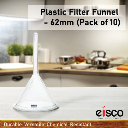 EISCO Plastic Filter Funnel – 62mm Diameter, 62mm Stem, Polyethylene (Pack of 10) Lab Filtration Funnel for Chemistry, Science Experiments, Liquid Transfer, Oil, Acids, Solvents, Industrial & Home Use