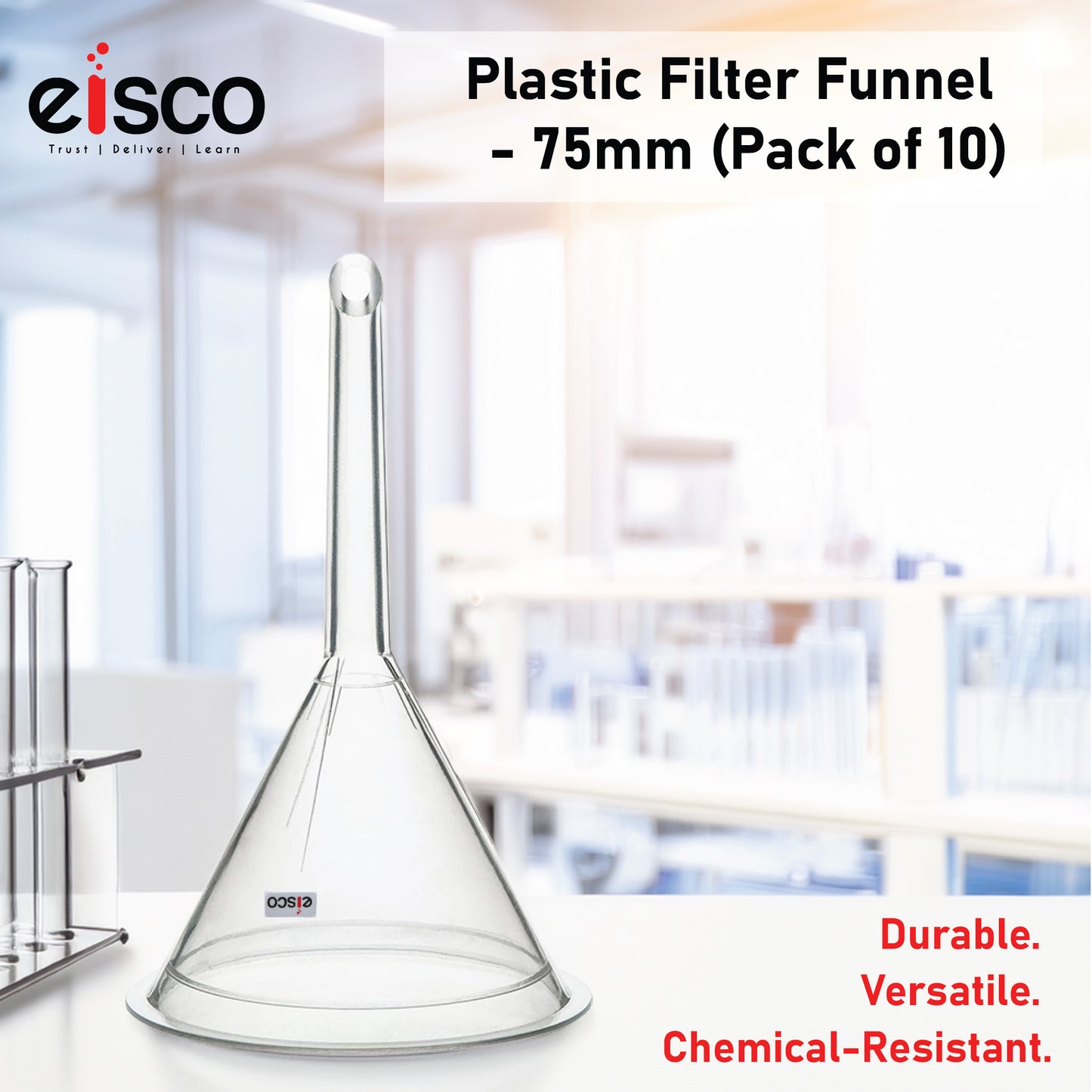 EISCO Plastic Filter Funnel – 75mm Diameter, 76mm Stem, Polyethylene (Pack of 10) Chemical-Resistant Lab Funnel for Filtration, Laboratory, Scientific Research, Oil, Acids, Solvents, Water, Home & Industrial Use