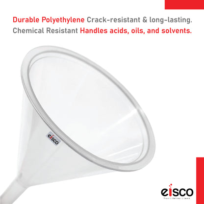 EISCO Plastic Filter Funnel – 75mm Diameter, 76mm Stem, Polyethylene (Pack of 10) Chemical-Resistant Lab Funnel for Filtration, Laboratory, Scientific Research, Oil, Acids, Solvents, Water, Home & Industrial Use