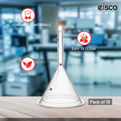 EISCO Plastic Filter Funnel – 75mm Diameter, 76mm Stem, Polyethylene (Pack of 10) Chemical-Resistant Lab Funnel for Filtration, Laboratory, Scientific Research, Oil, Acids, Solvents, Water, Home & Industrial Use