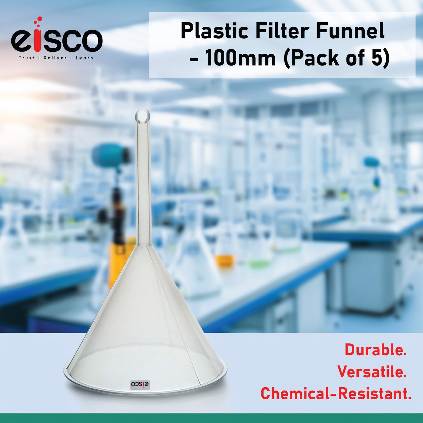 EISCO Plastic Filter Funnel – 100mm Diameter, 80mm Stem, Polyethylene (Pack of 5) Heavy-Duty Laboratory Funnel for Filtration, Scientific Experiments, Liquid Handling, Water, Fuel, Solvents, Acids, Oil & Industrial Applications