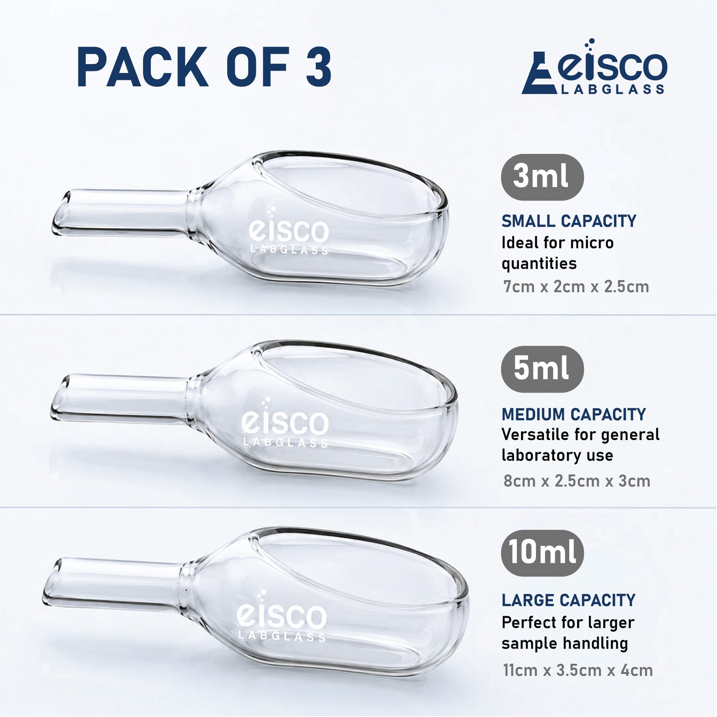 Weighing Scoops, Made of Borosilicate Glass 3.3, with Tubular arm, Pack of 3, Containing One Each of 3 ml, 5 ml & 10 ml Capacities
