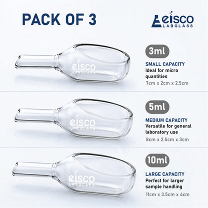 Weighing Scoops, Made of Borosilicate Glass 3.3, with Tubular arm, Pack of 3, Containing One Each of 3 ml, 5 ml & 10 ml Capacities