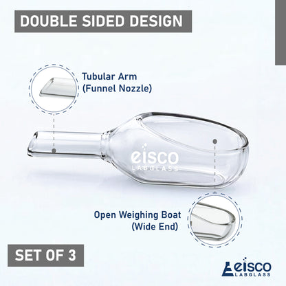 Weighing Scoops, Made of Borosilicate Glass 3.3, with Tubular arm, Pack of 3, Containing One Each of 3 ml, 5 ml & 10 ml Capacities