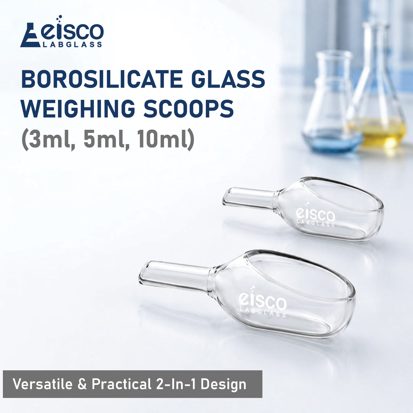 Weighing Scoops, Made of Borosilicate Glass 3.3, with Tubular arm, Pack of 3, Containing One Each of 3 ml, 5 ml & 10 ml Capacities