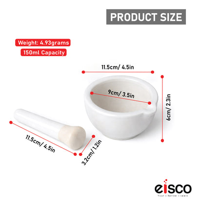 Mortar and Pestle, Porcelain, lab quality 4" Diameter, 150 ml capacity - grinding surface textured and unglazed, with spout for Spices, medicines, pills, seeds