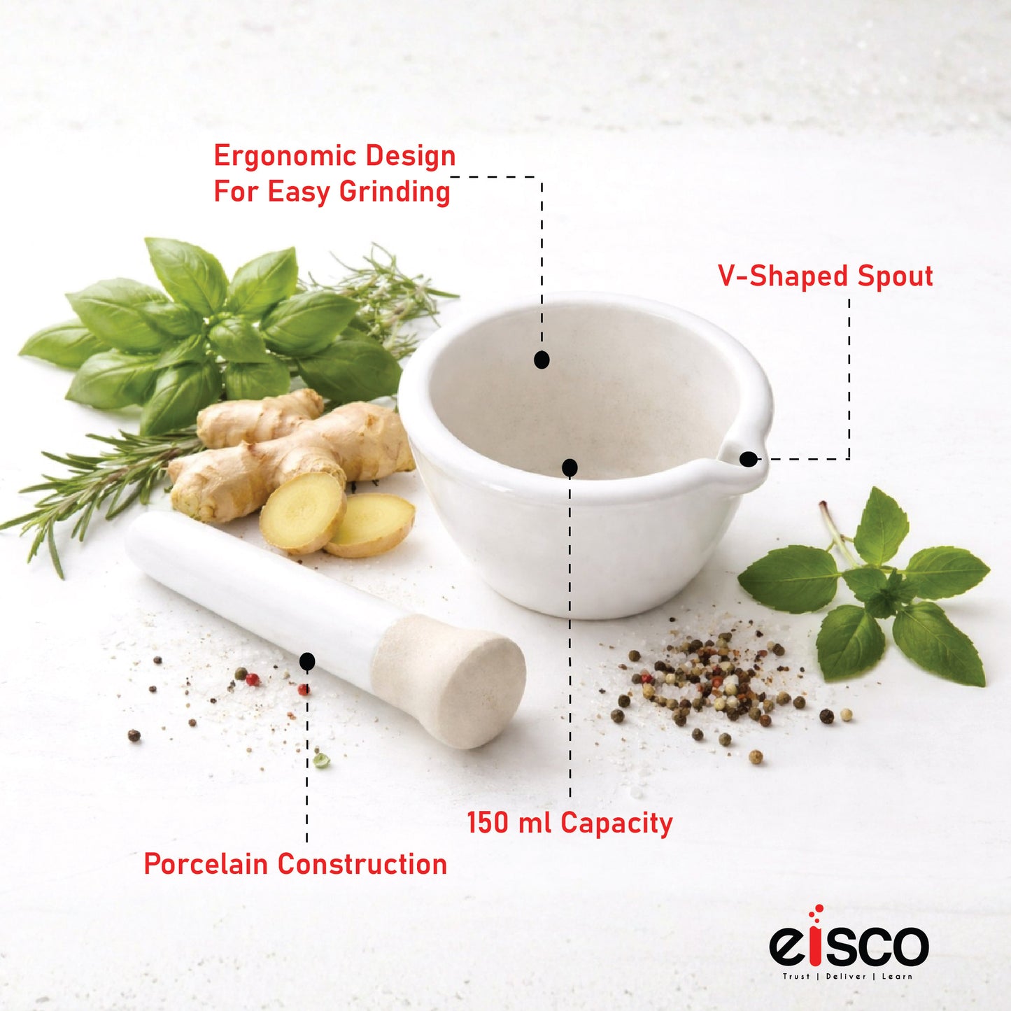 Mortar and Pestle, Porcelain, lab quality 4" Diameter, 150 ml capacity - grinding surface textured and unglazed, with spout for Spices, medicines, pills, seeds