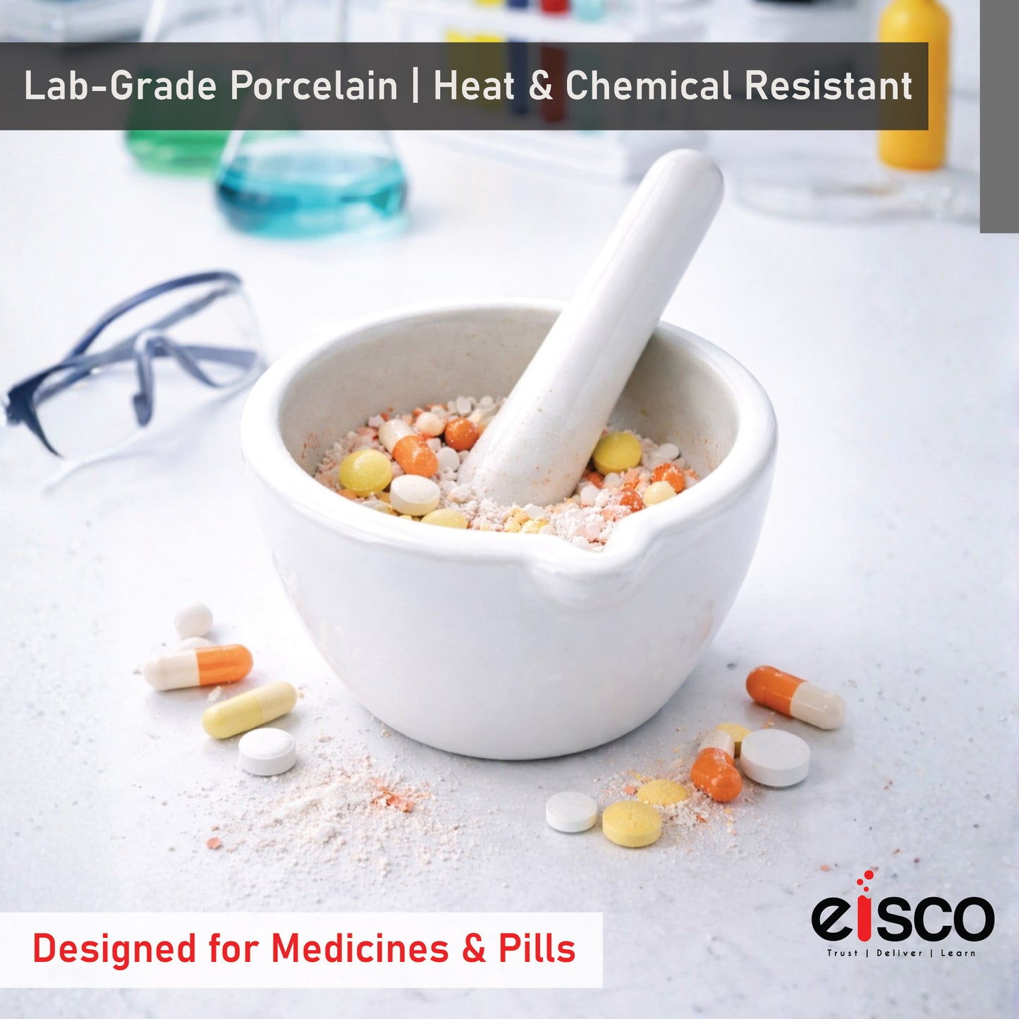 Mortar and Pestle, Porcelain, lab quality 4" Diameter, 150 ml capacity - grinding surface textured and unglazed, with spout for Spices, medicines, pills, seeds