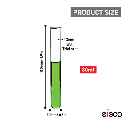 Test Tubes, Borosilicate Glass, Rimmed, Hand Made, Blown, Accurate Size and Consistent Wall Thickness, 150 x 20 mm, 30 ml Capacity Pack of 24
