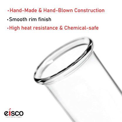 Test Tubes, Borosilicate Glass, Rimmed, Hand Made, Blown, Accurate Size and Consistent Wall Thickness, 250 x 25 mm, 85 ml Capacity