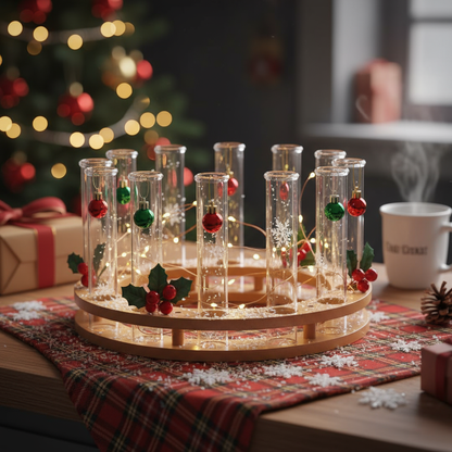 Labzio Home - Round Wooden and Glass Flower vase for Table Tops Transparent