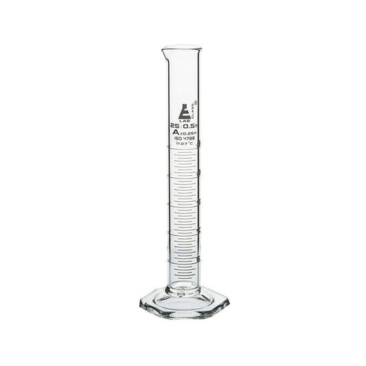 Measuring Cylinder, 25 ml, Graduated, Class-A, Hexagonal Base with Spout, Borosilicate Glass, White Graduations, Pack of 2