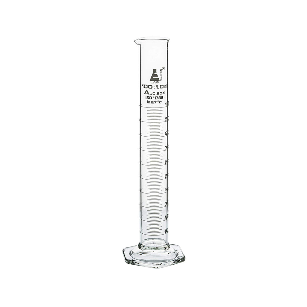 Measuring Cylinder, 100 ml, Graduated, Class-A, Hexagonal Base with Spout, Borosilicate Glass, White Graduations, Pack of 2