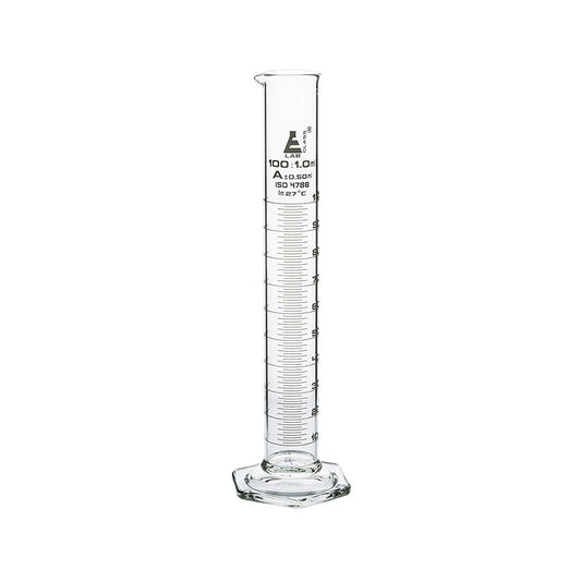 Measuring Cylinder, 100 ml, Graduated, Class-A, Hexagonal Base with Spout, Borosilicate Glass, White Graduations, Pack of 2