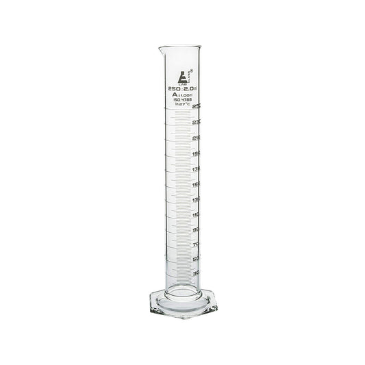 Measuring Cylinder, 250 ml, Graduated, Class-A, Hexagonal Base with Spout, Borosilicate Glass, White Graduations, Pack of 2