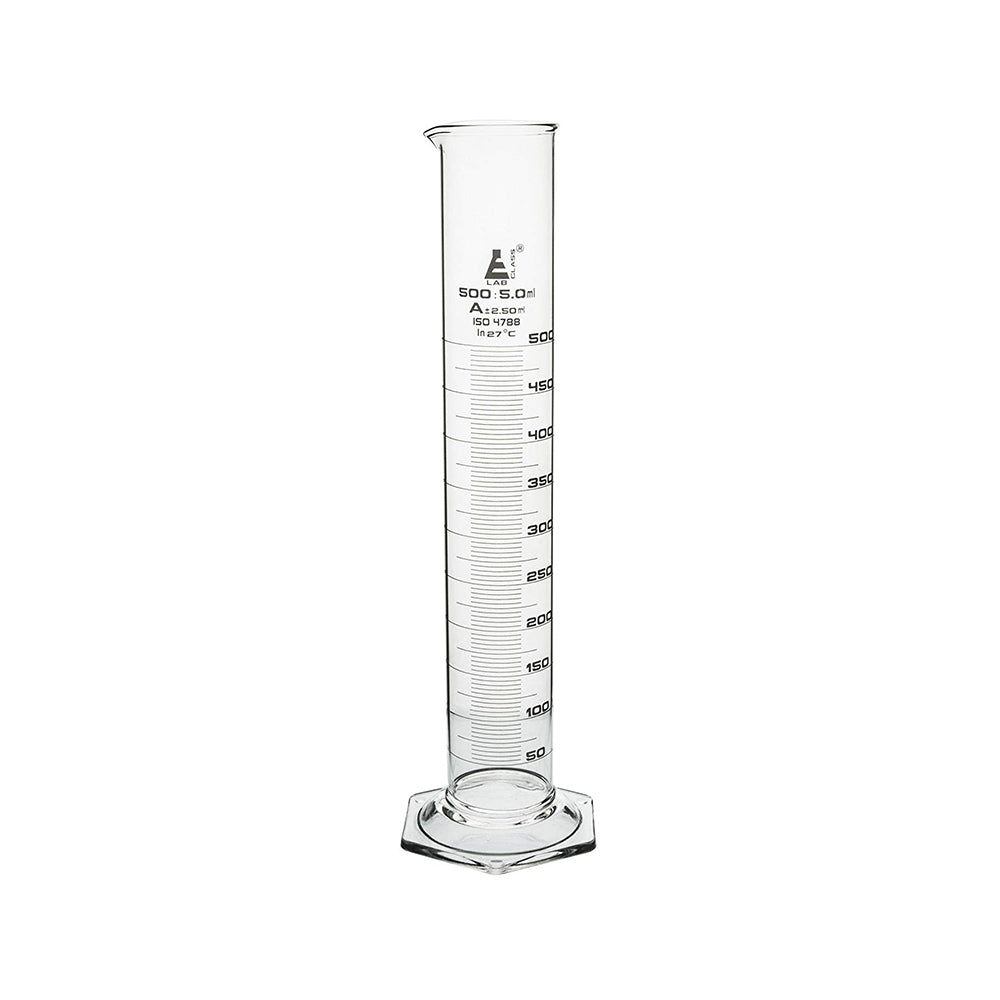 Measuring Cylinder, 500 ml, Graduated, Class-A, Hexagonal Base with Spout, Borosilicate Glass, White Graduations, Pack of 2