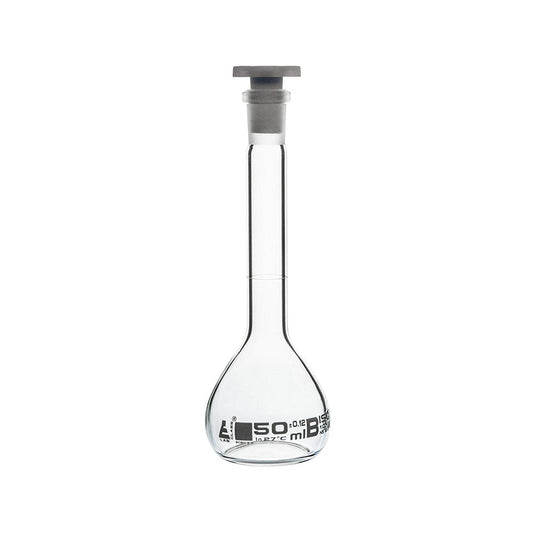 Volumetric Flask, 50 ml, Class, B, with Polypropylene Stopper, Socket Size, 12/21, Borosilicate Glass, Pack of 2