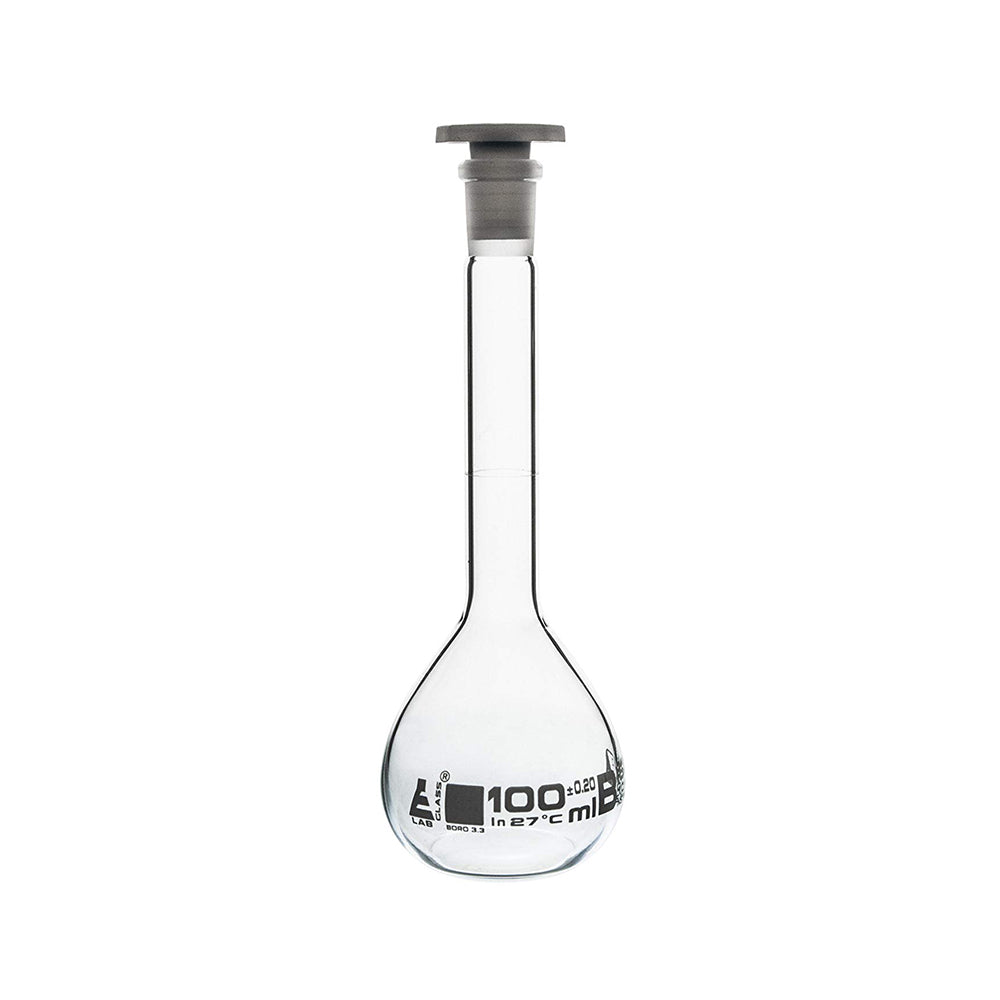 Volumetric Flask, 100 ml, Class, B, with Polypropylene Stopper, Socket Size, 14/23, Borosilicate Glass, Pack of 2
