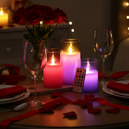 LABZIO Set of 3 Real Wax LED Flameless Pillar Candles with Flickering Amber Glass Effect, Color Changing & Remote Controller, Golden Acrylic Fiber Glass, for Christmas Home Decor & Festive Ambiance