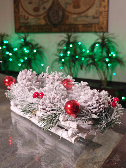 LABZIO Candle Holder Christmas Centerpiece - Snow Frosted Pinecones with Red Baubles & Berries - Wooden Base Table Decor for Christmas Tree Display, Tea Lights, or Votive Candles