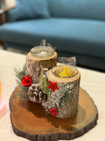 LABZIO Rustic Log Candle Holder with Winter Accents - Dual Tealight Holder with Pinecones, Faux Snow, Red Berries, and Evergreen Sprigs - Perfect for Holiday Table Centerpieces and Home Decor