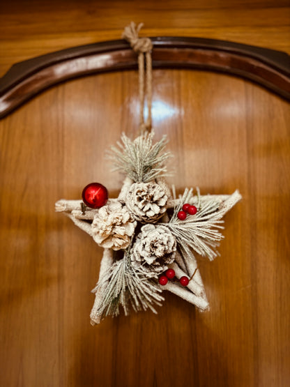 LABZIO Rustic Star-Shaped Christmas Tree Ornament - 6-Inch Wood and Pinecone Hanging Decoration with Snow-Dusted Red Berries & Pine Sprigs - Perfect for Holiday Tree & Home Decor